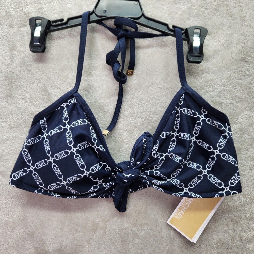 Michael Kors Bikini Top Womens Size S‎ Navy Blue Logo Print Tie Front Swimsuit